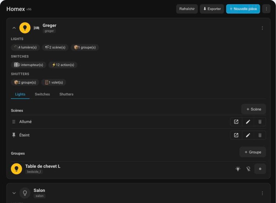 The Homex panel in Home Assistant, with a room's lights, switches and shutters